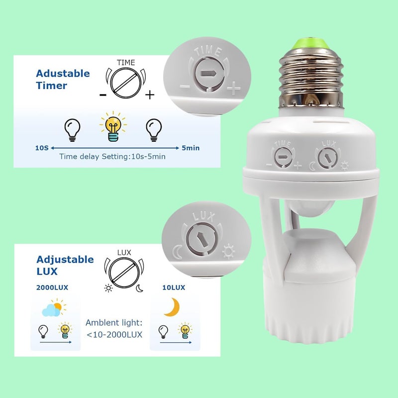 lightstar Infrared Motion Sensor Light Socket – E26 E27 Screw in Adapter for Automatic Light Control, Easy Install and Adjustable Duration – Ideal for Outdoor Indoor Garage Light, for Basement (1) - Image 2